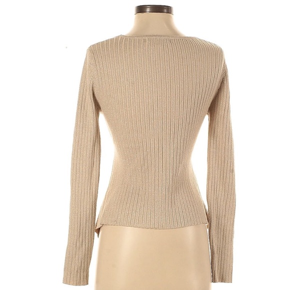 Shimmery Golden Ribbed Faux Wrap Sweater - Picture 2 of 9